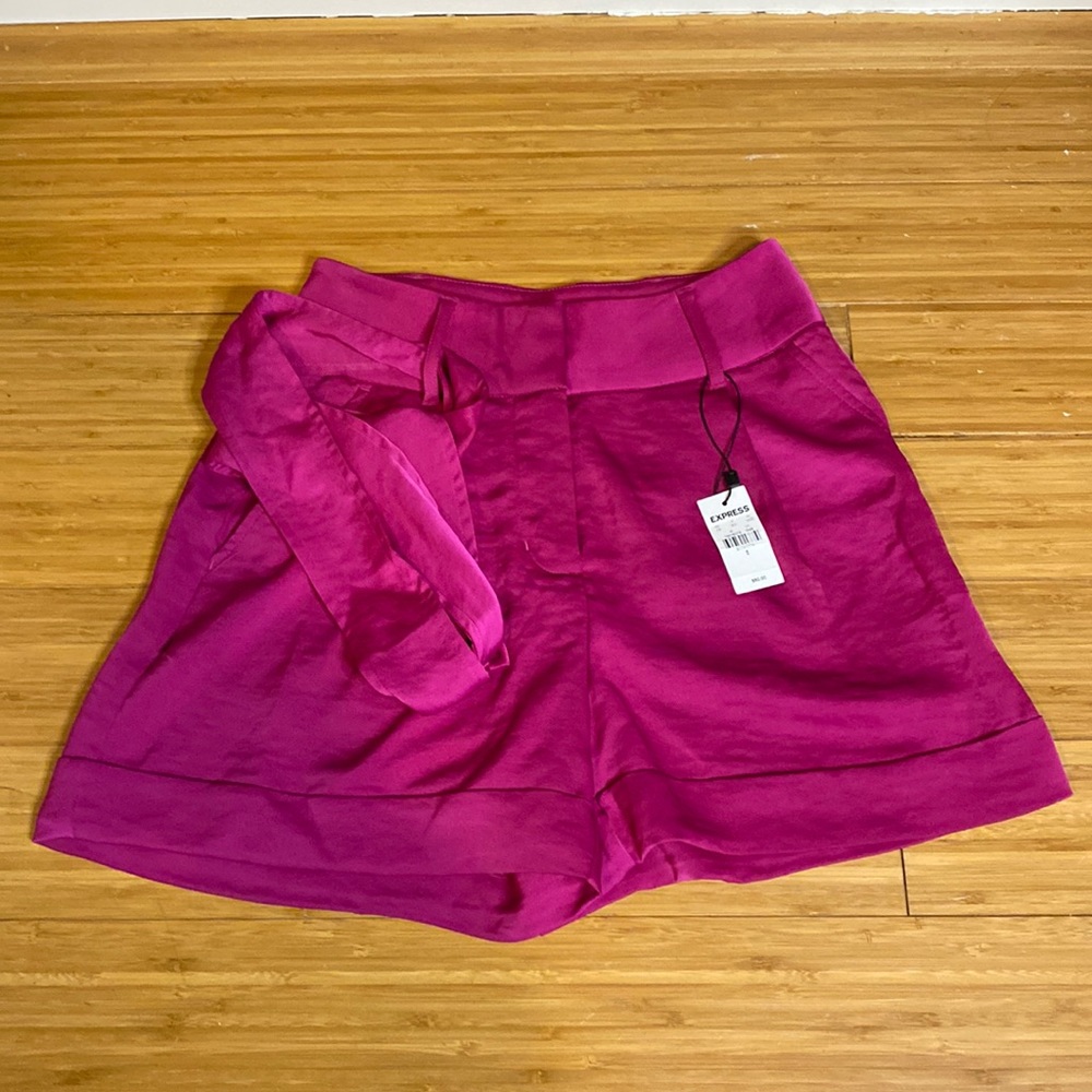 Brand New Fuchsia Satin Shorts with Tie Belt High waisted - Express size 0 & 12